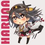  1girl ahoge black_eyes black_hair boots chibi detached_sleeves double_bun hair_ornament hairband haruna_(kantai_collection) kantai_collection long_sleeves nontraditional_miko personification pleated_skirt skirt solo thigh_boots thighhighs umino_mokuzu wide_sleeves zettai_ryouiki 