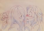  3girls akko_kagari blush covering_mouth dendo-gokko embarrassed glasses hair_over_one_eye hairband half-closed_eyes little_witch_academia long_hair lotte_yanson multiple_girls official_art one_side_up payot semi-rimless_glasses short_hair sketch spot_color sucy_manbabalan traditional_media under-rim_glasses witch yuri 