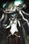 1girl aqua_eyes benitama bodysuit breasts cape gloves glowing glowing_eyes hat kantai_collection long_hair looking_at_viewer monster pale_skin personification shinkaisei-kan silver_hair solo wand wo-class_aircraft_carrier 