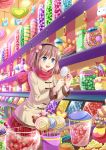  :d blue_eyes blush brown_hair candy coat food fruit hairband hamburger highres leaning lollipop open_mouth plaid plaid_skirt pleated_skirt red_scarf scarf short_hair skirt smile standing strawberry tagme villyane 