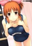  1girl 3: abe_nana absurdres bow brown_eyes hair_bow hands_on_own_chest highres idolmaster idolmaster_cinderella_girls leaning_forward lips looking_at_viewer orange_hair ponytail scan school_swimsuit solo swimsuit tanaka_shoutarou 
