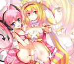  2girls ahoge animal_ears bare_shoulders beatmania beatmania_iidx bemani blonde_hair blue_eyes blush breasts gaoohohaha hair_ornament hat ki_no_rapika looking_at_viewer midriff multicolored_hair multiple_girls nagisa navel open_mouth smile swimsuit twintails wings yellow_eyes 