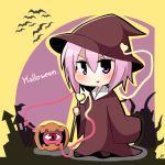  1girl :&gt; alternate_costume bat halloween halloween_costume hat komeiji_satori long_sleeves looking_at_viewer pink_eyes pink_hair pumpkin solo third_eye touhou twumi wide_sleeves witch_hat 