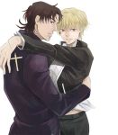  2boys blonde_hair brown_eyes brown_hair cross cross_necklace fate/stay_night fate_(series) gilgamesh jewelry kotomine_kirei multiple_boys necklace red_eyes suwaru_(ght53kklvcc231) yaoi 