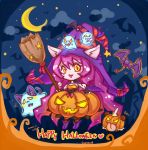  1girl :3 animal_ears bat braid broom cat cat_ears cat_tail fang ghost hair_ornament halloween hat heart horns jack-o&#039;-lantern league_of_legends long_hair looking_at_viewer lulu_(league_of_legends) mini_top_hat moon night pink_hair pix poro_(league_of_legends) pumpkin ribbon skull_hair_ornament star striped striped_legwear sueyen tail tongue top_hat witch witch_hat yellow_eyes 