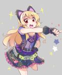  1girl aikatsu! animal_ears belt blonde_hair blush cat_ears chain earrings fingerless_gloves gloves hand_on_hip headband hoshimiya_ichigo jewelry looking_at_viewer pointing red_eyes skirt smile solo totsuki_tooka 