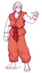  barefoot dougi eyebrows ken_masters kote male muscle pointing pointing_at_self robert_porter short_hair solo street_fighter thick_eyebrows 