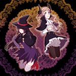 2girls black_hair blonde_hair blue_eyes capelet dual_persona giorno_giovanna hat horns jojo_no_kimyou_na_bouken long_hair multiple_girls purple_hair u_rei_3 witch witch_hat 