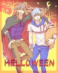  2boys animal_ears blonde_hair cape crescent_moon fangs gyro_zeppeli halloween hat johnny_joestar jojo_no_kimyou_na_bouken long_hair moon multiple_boys nnyao steel_ball_run tail vampire werewolf wolf_ears wolf_tail 