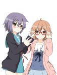  2girls ahoge blush book brown_eyes brown_hair company_connection crossover glasses grey_hair highres kuriyama_mirai kyoto_animation kyoukai_no_kanata nagato_yuki school_uniform shikniful short_hair suzumiya_haruhi_no_shoushitsu suzumiya_haruhi_no_yuuutsu yellow_eyes 