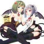  2girls black_legwear black_panties blue_eyes breasts cleavage demon_tail demon_wings drill_hair garter_straps green_eyes green_hair heterochromia idolmaster idolmaster_cinderella_girls kanzaki_ranko kirimoti34 legs mole multiple_girls panties red_eyes tail takagaki_kaede thighhighs twin_drills underwear wings 