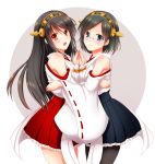  2girls bare_shoulders black_hair black_legwear blue_eyes boots breast_grab breasts detached_sleeves glasses hairband haruna_(kantai_collection) headgear japanese_clothes kantai_collection kirishima_(kantai_collection) long_hair multiple_girls open_mouth pantyhose personification short_hair skirt smile sotogawa_max thigh_boots thighhighs 