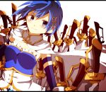  1girl armband blue_eyes blue_hair cape gloves hair_ornament hairclip letterboxed magical_girl mahou_shoujo_madoka_magica mahou_shoujo_madoka_magica_movie miki_sayaka misoan multiple_swords smile solo soul_gem sword weapon 