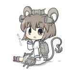  1girl anchor animal_ears brown_eyes brown_hair chibi headgear kantai_collection kemonomimi_mode looking_at_viewer machinery mouse_ears mouse_tail open_mouth personification sailor_dress short_hair sitting solo tail turret yuasan yukikaze_(kantai_collection) 