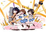  ! 3girls \m/ barefoot black_hair brown_hair case cast dog guts_(kill_la_kill) kill_la_kill mankanshoku_mako matoi_ryuuko multiple_girls oogure_maiko pajamas school_uniform selit senketsu serafuku short_hair skirt 