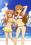  2girls absurdres arm_behind_head arm_up beach bikini blue_eyes brown_hair golden_time highres kaga_kouko legs long_hair multiple_girls nyantype ocean official_art oka_chinami side-tie_bikini sky swimsuit very_long_hair 