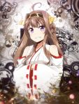  1girl ahoge bare_shoulders blush brown_hair bust detached_sleeves double_bun hair_ornament hairband highres kantai_collection kongou_(kantai_collection) long_hair long_sleeves looking_at_viewer personification ribbon_trim smile solo tom_(drpow) violet_eyes wide_sleeves 