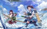  2girls airplane akagi_(kantai_collection) armor arrow bow_(weapon) brown_hair clouds gloves japanese_clothes kagamine_rin kagamine_rin_(append) kantai_collection machinery multiple_girls muneate ocean open_mouth personification ponytail quiver side_ponytail sky spark_(sandro) thighhighs water weapon 