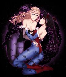  2girls black_hair blonde_hair blue_eyes breasts bridal_gauntlets cleavage cosplay demon_girl dual_persona giorno_giovanna head_wings highres jojo_no_kimyou_na_bouken large_breasts lilith_aensland lilith_aensland_(cosplay) long_hair morrigan_aensland morrigan_aensland_(cosplay) multiple_girls pantyhose print_legwear shiobana_haruno u_rei_3 vampire_(game) 