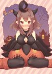  1girl ahoge black_legwear blush boots breasts brown_hair cleavage_cutout fang highres horns large_breasts personification pointy_ears pokemon pokemon_(game) pokemon_xy pumpkaboo pumpkin red_eyes sleeveless snowcanvas spider_web 