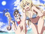  4girls ahoge atago_(kantai_collection) ball beachball bikini black_bikini black_hair blonde_hair breasts brown_hair food fruit green_eyes hairband haruna_(kantai_collection) hat highres kamisa kantai_collection kongou_(kantai_collection) large_breasts long_hair multiple_girls open_mouth outstretched_arm peach personification pov shimakaze_(kantai_collection) side-tie_bikini smile striped striped_bikini striped_swimsuit swimsuit water 