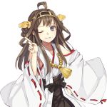  1girl ahoge black_eyes blush brown_hair detached_sleeves double_bun hairband hao_(patinnko) japanese_clothes kantai_collection kongou_(kantai_collection) long_hair looking_at_viewer personification simple_background smile solo transparent_background wide_sleeves wink 