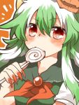  1girl blush candy eating ex-keine fang green_hair horns kamishirasawa_keine lollipop long_hair pumpkin rebecca_(keinelove) red_eyes touhou 