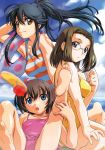  3girls :o absurdres age_difference ahoge arm_up armpits ass back bangs barefoot beach black_hair blue_eyes blush breasts brown_hair casual_one-piece_swimsuit child clouds crotch feet flat_chest floating_hair frilled_swimsuit frills glasses hair_between_eyes hand_on_foot hands highres hitotsubashi_yurie innertube kamichu! kneeling kneepits leaning_forward leg_up light_smile looking_at_viewer looking_back lying megami motion_blur multiple_girls ocean official_art on_back on_ground one-piece_swimsuit orange_eyes orange_swimsuit outdoors parted_lips payot pink_swimsuit polka_dot ponytail reclining rimless_glasses saegusa_matsuri sandals sandals_removed scan scrunchie shijou_mitsue short_hair sitting sky smile soles spread_legs striped striped_swimsuit swimsuit toes transparent uon_taraku violet_eyes wariza water yellow_swimsuit 