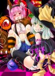  2girls black_legwear blush collar cosplay green_eyes green_hair grin halloween hat hat_ribbon highres komeiji_koishi komeiji_satori kumakichi. multiple_girls pink_eyes pink_hair ribbon siblings sisters smile tail thighhighs thighs third_eye touhou witch_hat wolf_tail 