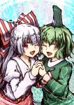  2girls bow breast_press fujiwara_no_mokou green_eyes green_hair hair_bow hands_together hat multiple_girls red_eyes soga_no_tojiko symmetrical_docking tate_eboshi touhou umarutsufuri white_hair wink 