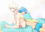  2boys blanket blue_hair boxer_briefs clear_(dramatical_murder) closed_eyes couple dramatical_murder holding_hands hug hug_from_behind male multiple_boys pink_eyes piyo4508 seragaki_aoba shirtless sleepy white_hair yaoi 