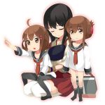  3girls akagi_(kantai_collection) brown_eyes brown_hair ikazuchi_(kantai_collection) inazuma_(kantai_collection) japanese_clothes kantai_collection kneehighs looking_at_viewer multiple_girls muneate pantyhose personification school_uniform serafuku sleeping tamakorogashi 