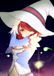  1girl blush breasts cleavage detached_sleeves eyepatch hat lantern long_hair looking_at_viewer lord_of_vermilion navel red_eyes redhead sasakura smile solo witch_hat 