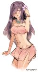  1girl bangle black_hair blush bracelet breasts flower hair_flower hair_ornament hair_over_one_eye ikezawa_hanako jewelry katawa_shoujo long_hair navel necklace pearl_necklace pltrgst sarong scar solo tubetop violet_eyes 