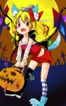  1girl animal_ears bandages blonde_hair blush bow candy fang flandre_scarlet full_moon harry_(namayake) hat highres jack-o&#039;-lantern kemonomimi_mode long_hair looking_at_viewer moon open_mouth paw_shoes pointy_ears red_eyes side_ponytail skirt smile solo tail thighhighs touhou wings wolf_ears wolf_tail 