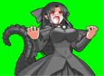  animated animated_gif black_dress black_hair bouncing_breasts bow breasts dress fangs fusion godzilla godzilla_(series) gojiren green_background hair_bow large_breasts len long_hair m.u.g.e.n melty_blood mono_(moiky) open_mouth pointy_ears red_eyes simple_background tail tsukihime 