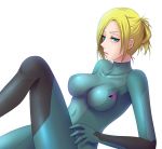  1girl annie_leonhardt blonde_hair blue_eyes blush bodysuit breasts clothed_navel cosplay female frown kuroma_(atapi) lying metroid on_back ponytail samus_aran samus_aran_(cosplay) shingeki_no_kyojin short_hair simple_background solo_focus white_background zero_suit 