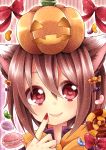  1girl animal_ears blush bow brown_hair candy cat_ears chen face finger_to_mouth halloween jack-o&#039;-lantern jelly lips lollipop mitoki_6x6 nail nail_polish object_on_head pumpkin red_eyes ribbon short_hair simple_background smile solo sweets touhou 