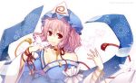  1girl blush breasts butterfly cleavage fan folding_fan hat hitsuki_rei japanese_clothes large_breasts looking_at_viewer pink_hair red_eyes saigyouji_yuyuko short_hair smile solo touhou triangular_headpiece 
