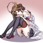 1girl ahoge black_eyes blush boots brown_hair detached_sleeves double_bun hairband japanese_clothes kantai_collection kongou_(kantai_collection) long_hair looking_at_viewer matsuryuu personification sitting skirt smile solo thigh_boots thighhighs wide_sleeves wink 