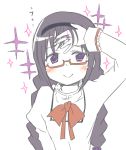  1girl :&gt; akemi_homura black_hair braid glasses hairband jewelry mahou_shoujo_madoka_magica mahou_shoujo_madoka_magica_movie ring smile solo twin_braids violet_eyes yasuio 