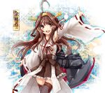  1girl ahoge armpits black_legwear brown_eyes brown_hair candy detached_sleeves hair_ornament highres huge_ahoge japanese_clothes kantai_collection kongou_(kantai_collection) long_hair long_sleeves looking_at_viewer miko open_mouth outstretched_arms sash shirt skirt smile solo thighhighs very_long_hair wide_sleeves yuya_(night_lily) zettai_ryouiki 