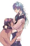  2boys alternate_hairstyle blue_hair bracelet brown_hair closed_eyes couple dramatical_murder feathers hair_feathers jewelry kiss mink_(dramatical_murder) multiple_boys piyo4508 seragaki_aoba shirt_lift shirtless smile yaoi 