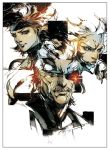  1girl 2boys bandana facial_hair headband meryl_silverburgh metal_gear_solid_4 multiple_boys mustache official_art old_snake raiden shinkawa_youji solid_eye solid_snake 