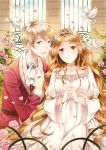  1boy 1girl bird blonde_hair blue_eyes brown_eyes brown_hair dress flower hands_clasped hug jacket long_hair original rose smile tiara 