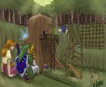  blonde_hair cow gameplay_mechanics hands_on_own_face hat ladder lifting link long_hair malon ocarina_of_time orange_hair outdoors pointy_ears rah-bop shield signature sitting skirt sword the_legend_of_zelda tree treehouse weapon 