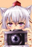  1girl animal_ears blush camera fujimori-tonnkatu hat highres inubashiri_momiji solo tokin_hat touhou violet_eyes white_hair wolf_ears 
