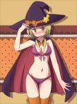  1girl arm_up bikini blonde_hair blush breasts cape embarrassed front-tie_bikini halloween_costume hand_on_hat hat ichii_yui long_hair low_twintails mel_(artist) navel open_mouth orange_legwear solo standing star sweat swimsuit thighhighs twintails wavy_mouth witch_hat yellow_eyes yuyushiki 