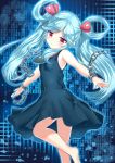  1girl aqua_hair arudehido bare_arms bare_shoulders barefoot beatmania beatmania_iidx bemani black_dress blush chain cyberspace dress hair_ribbon hair_rings highres jubeat long_hair looking_at_viewer maud outstretched_arms red_eyes ribbon shackle sleeveless sleeveless_dress solo turning twintails very_long_hair 