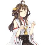  1girl ahoge blush brown_hair closed_eyes cup detached_sleeves double_bun hairband hao_(patinnko) japanese_clothes kantai_collection kongou_(kantai_collection) long_hair personification plate simple_background smile solo teacup transparent_background wide_sleeves 